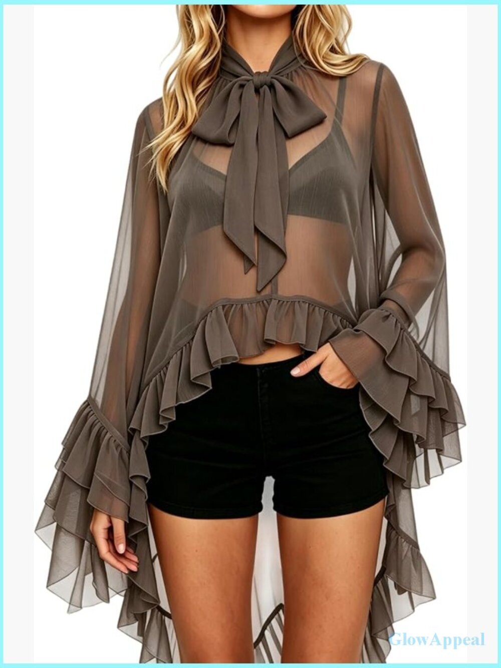Long Bell Sleeve Flowy Top Sheer Mesh Blouse Cape Chiffon High Low Hem Ruffled